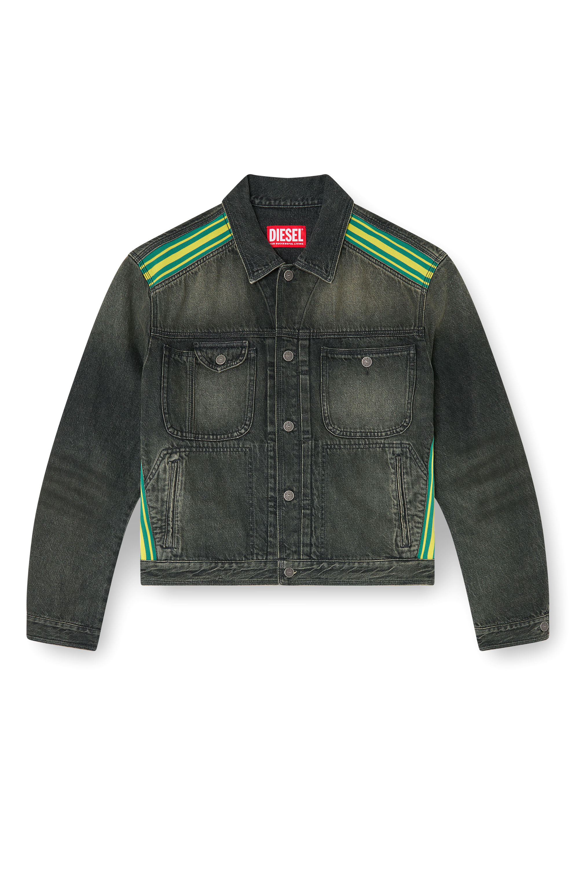 Diesel - D-BAS-FSJ1, Man's Trucker jacket with striped shoulder bands in Black/Dark grey - 2