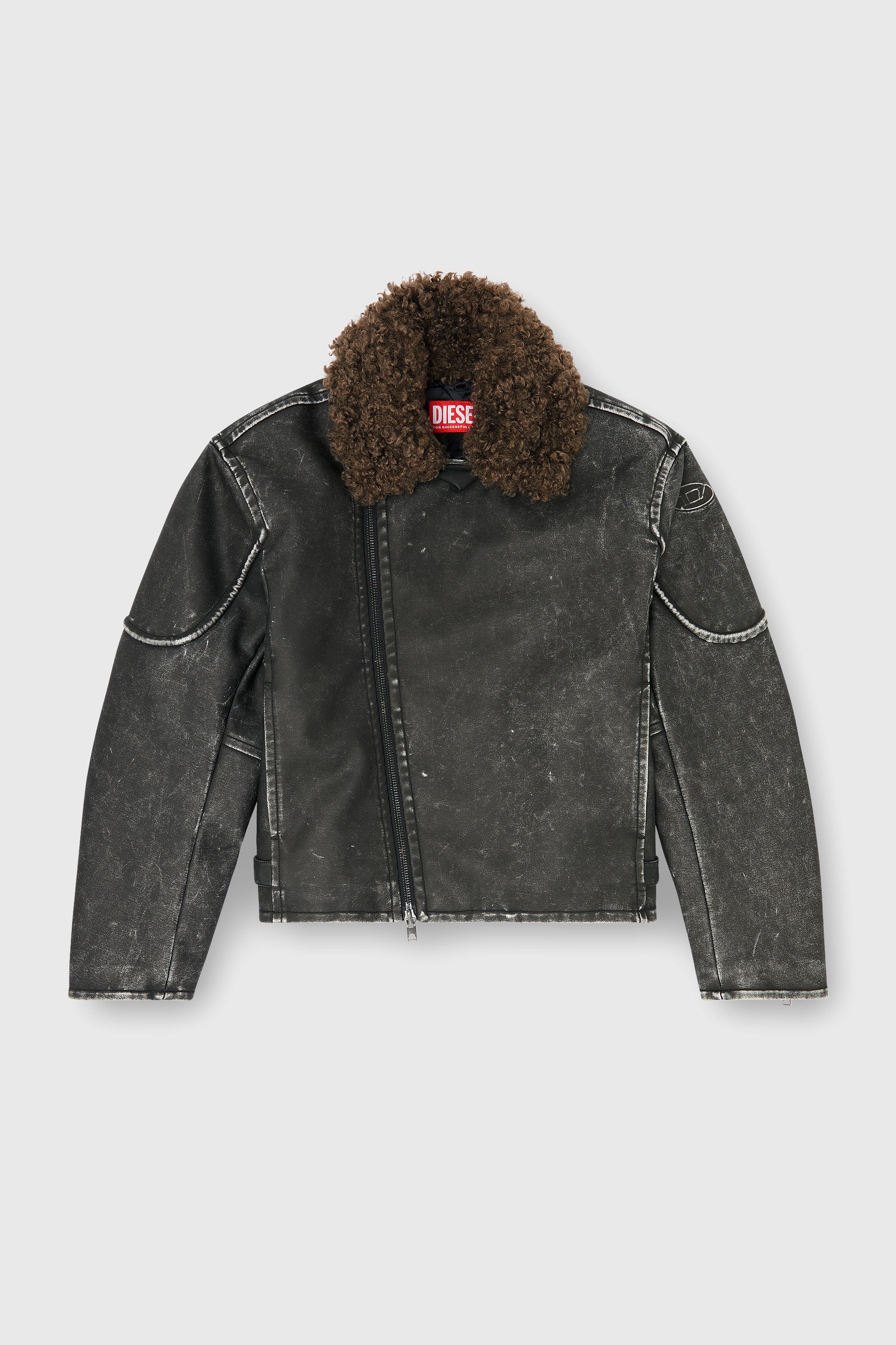 Diesel - W-ALEX, Man's Biker jacket with detachable collar in Dark grey - 1