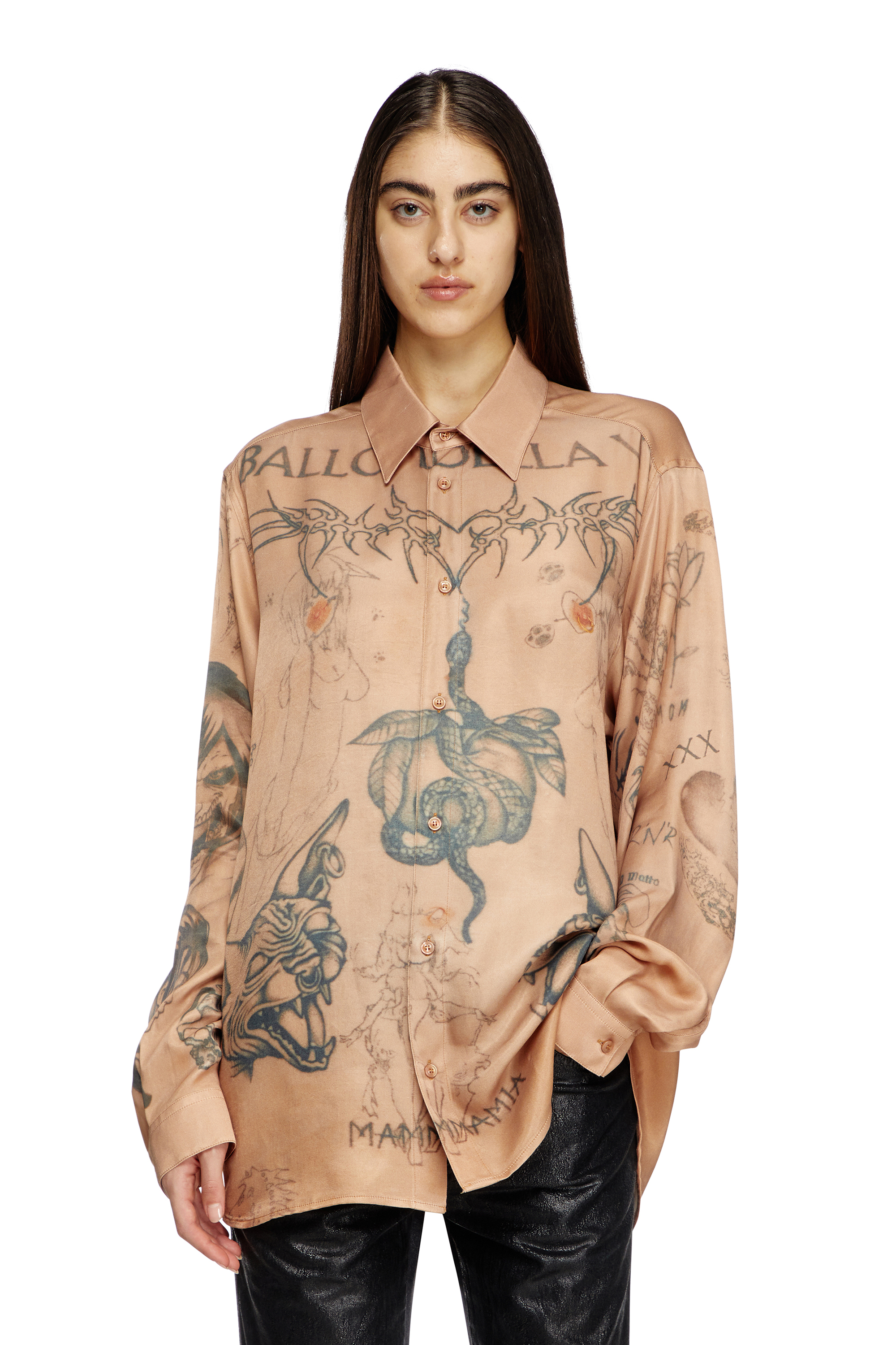 Diesel - S-SIMPLY-TTO-DD, Unisex's Fluid satin shirt with tattoo print in Beige - 5