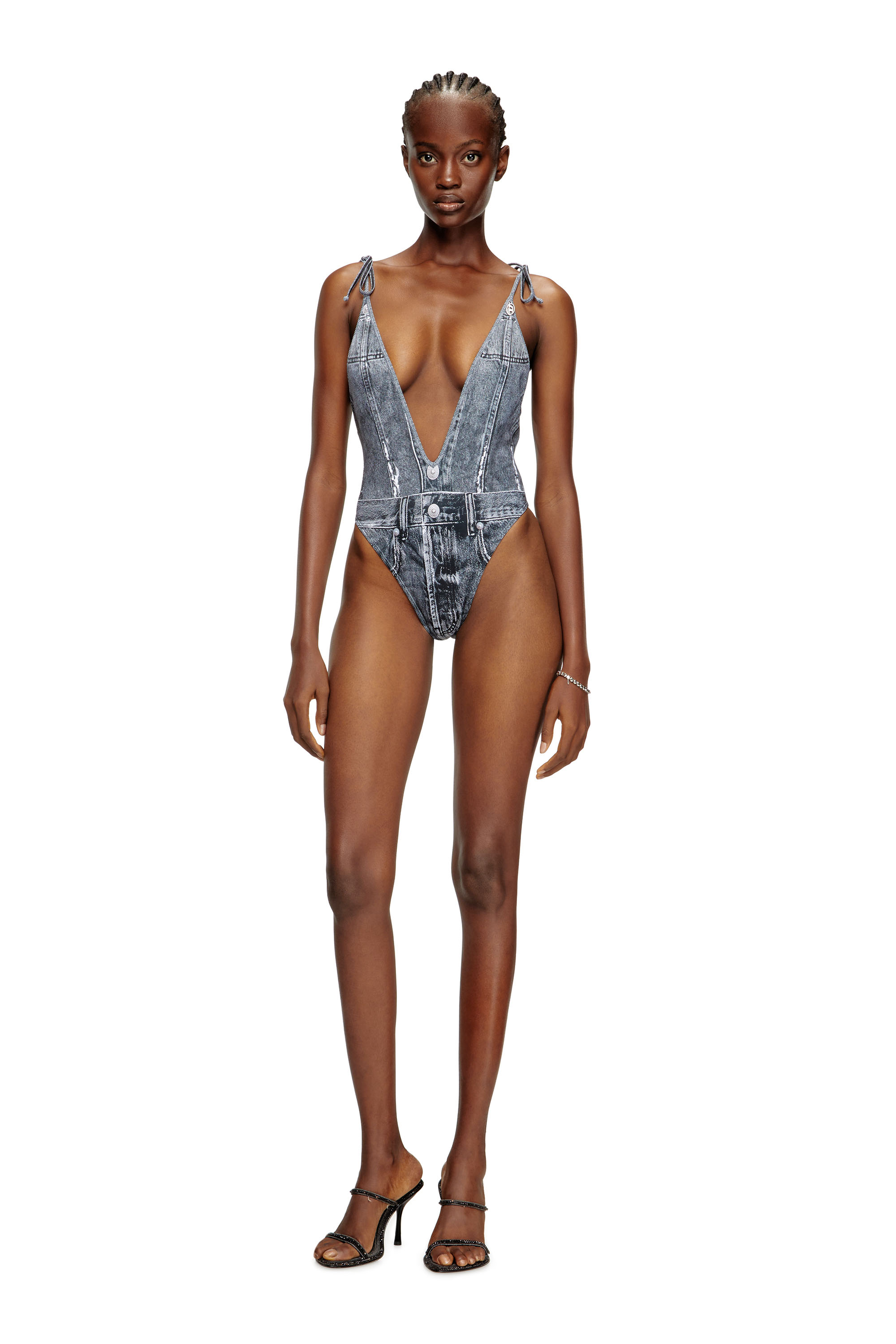 Diesel - KINSLEY-DNM, Woman's Plunging swimsuit with denim trompe l'oeil in Blue - 2