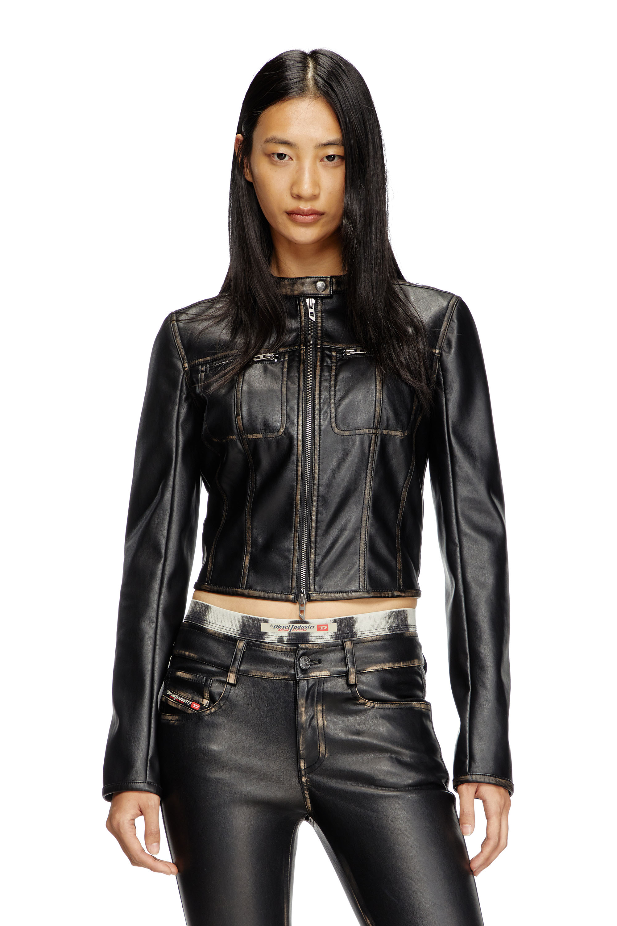 Diesel - G-LOBE, Woman's Cropped distressed biker jacket in Black - 1