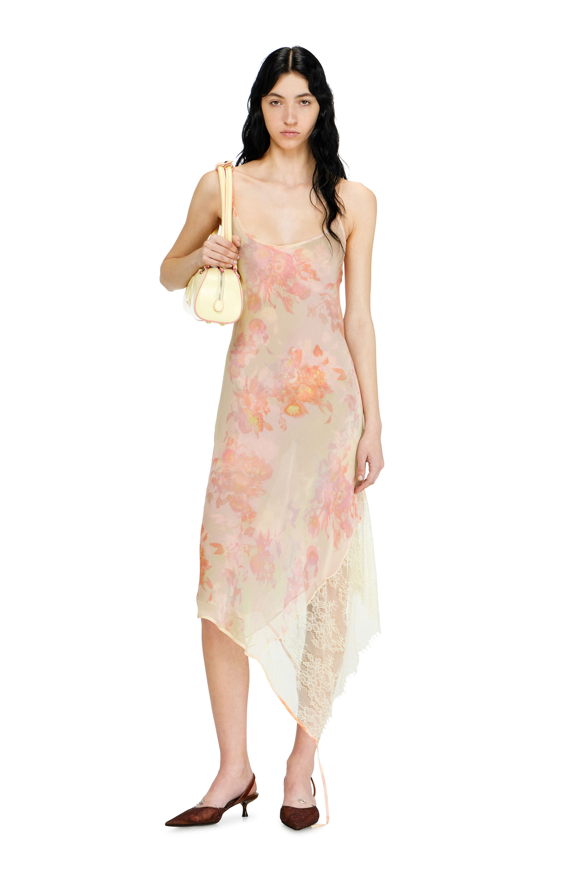 Diesel - D-ANCEL, Woman's Midi slip dress with floral print and lace trim in Pink/Yellow - 1