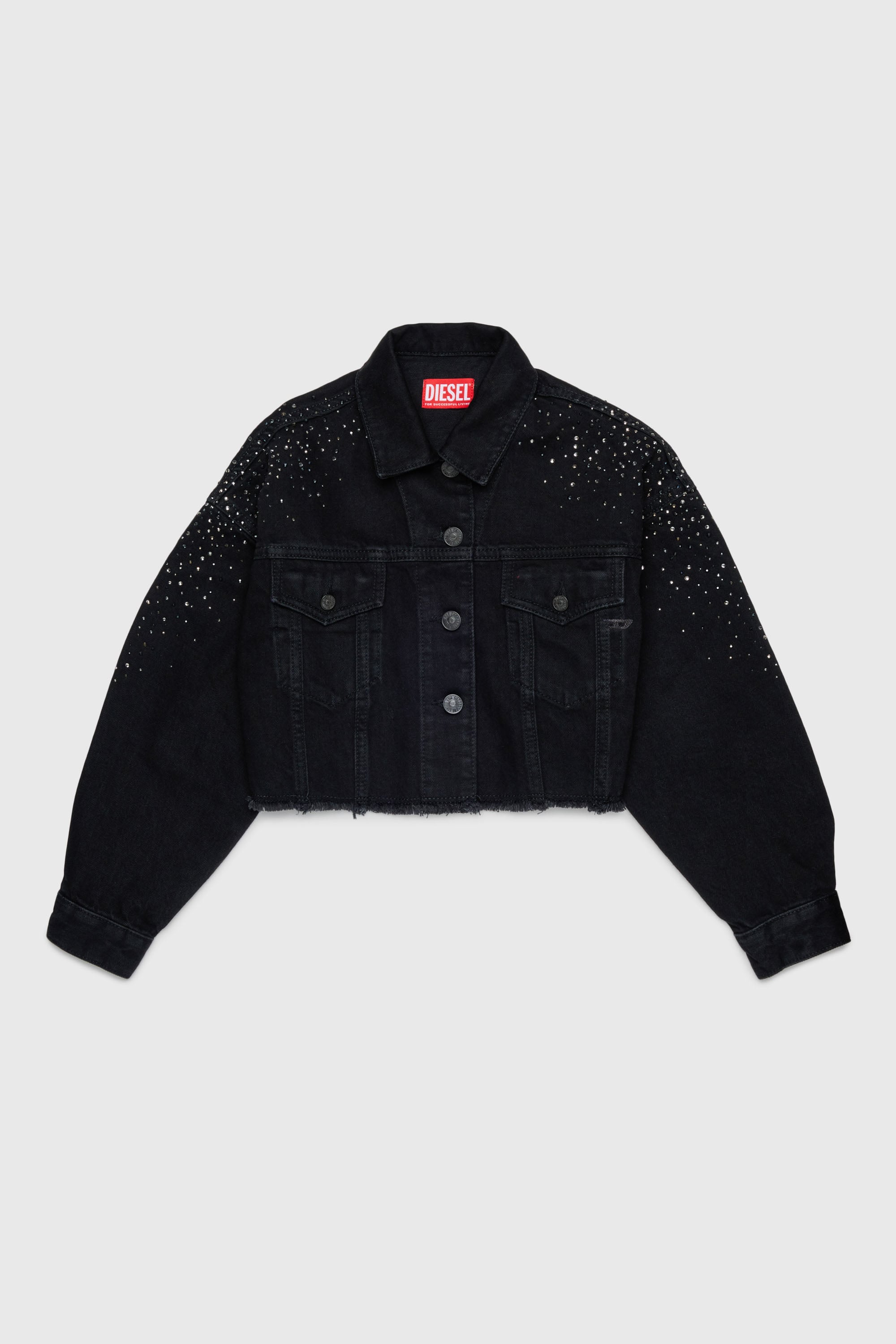 Diesel - JILBY, Woman's Cropped embellished trucker jacket in Black/Dark grey - 1