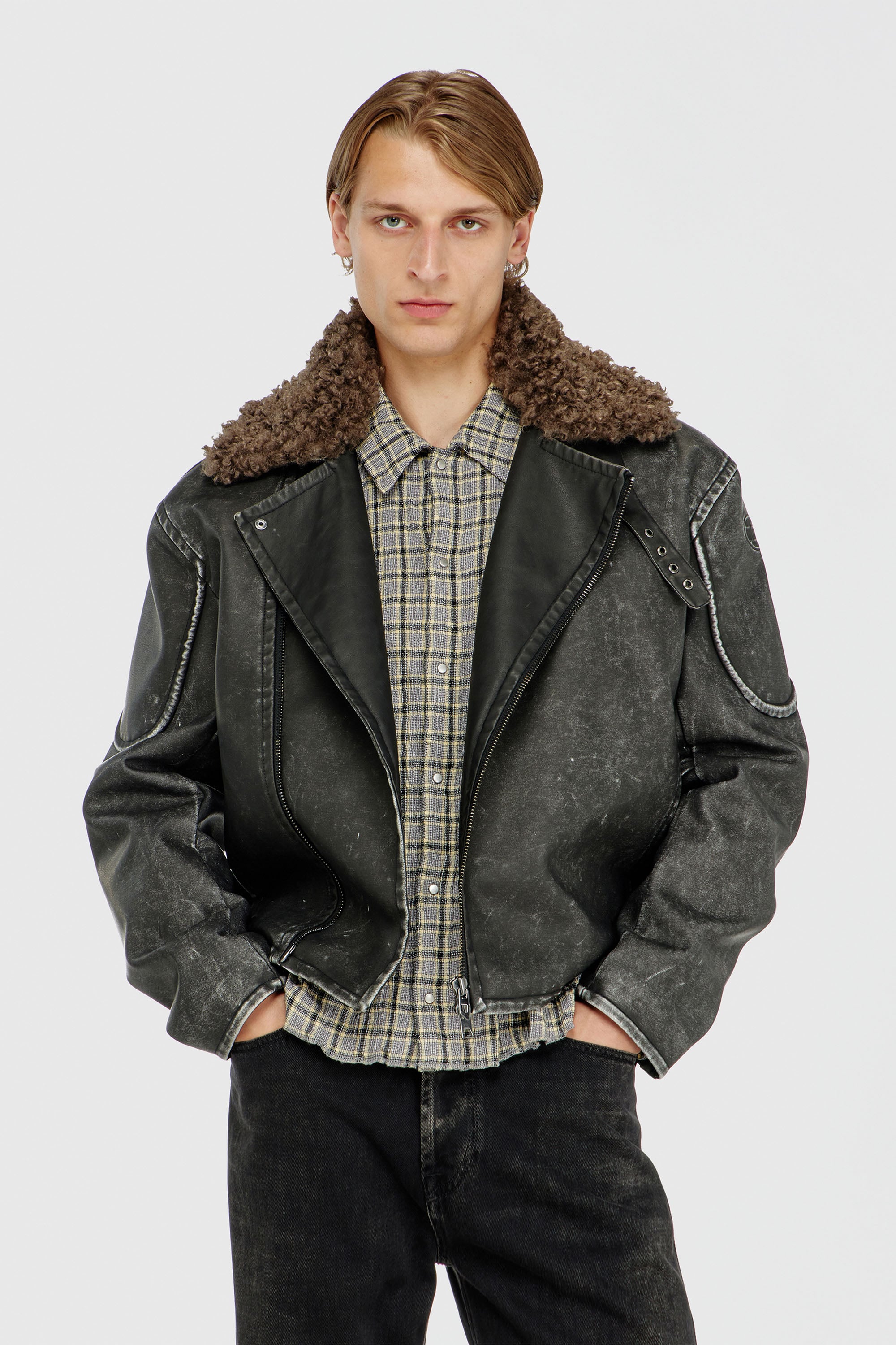 Diesel - W-ALEX, Man's Biker jacket with detachable collar in Dark grey - 2
