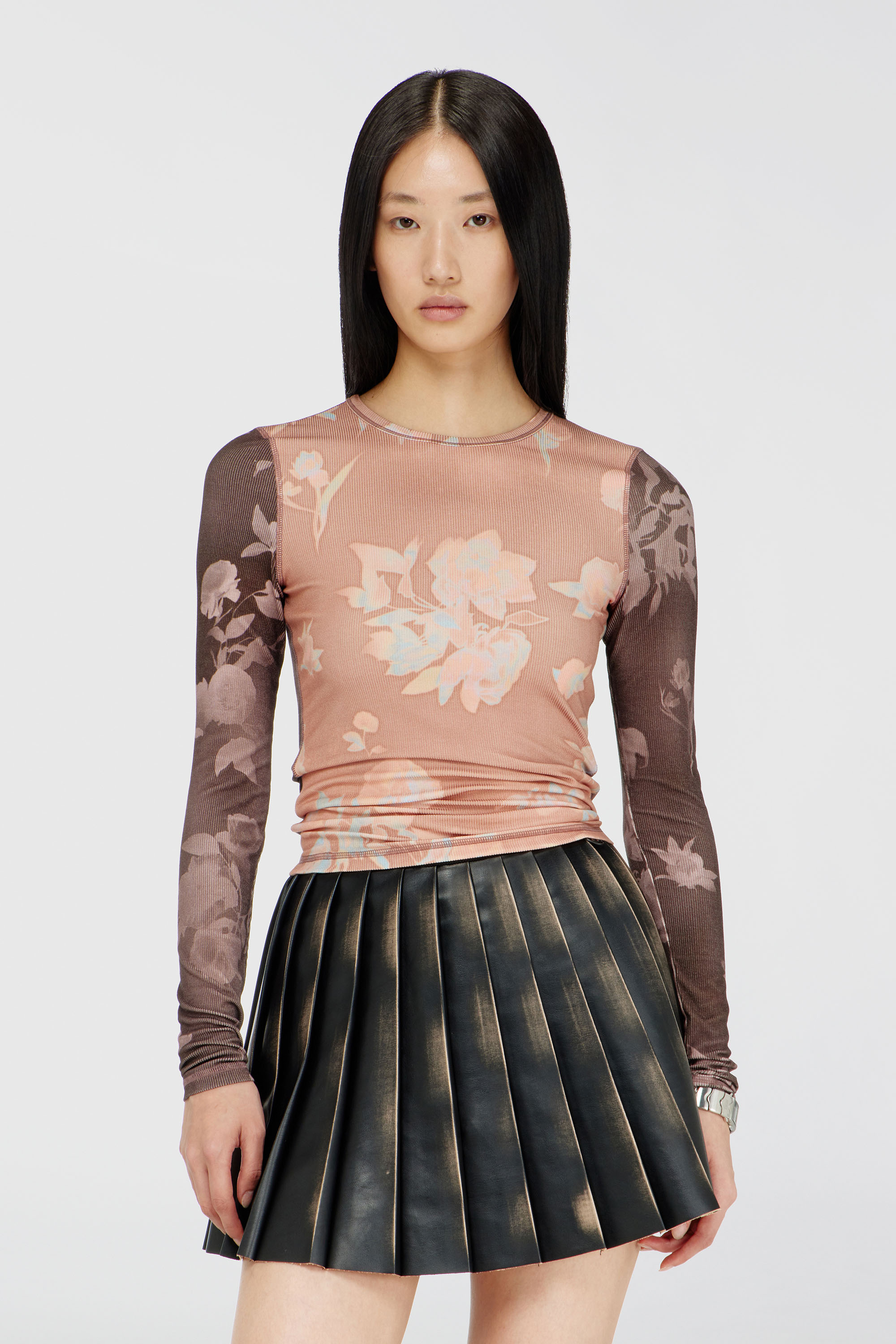 Diesel - T-MOKY-LS, Woman's Top in floral-print ribbed jersey in Pink - 1