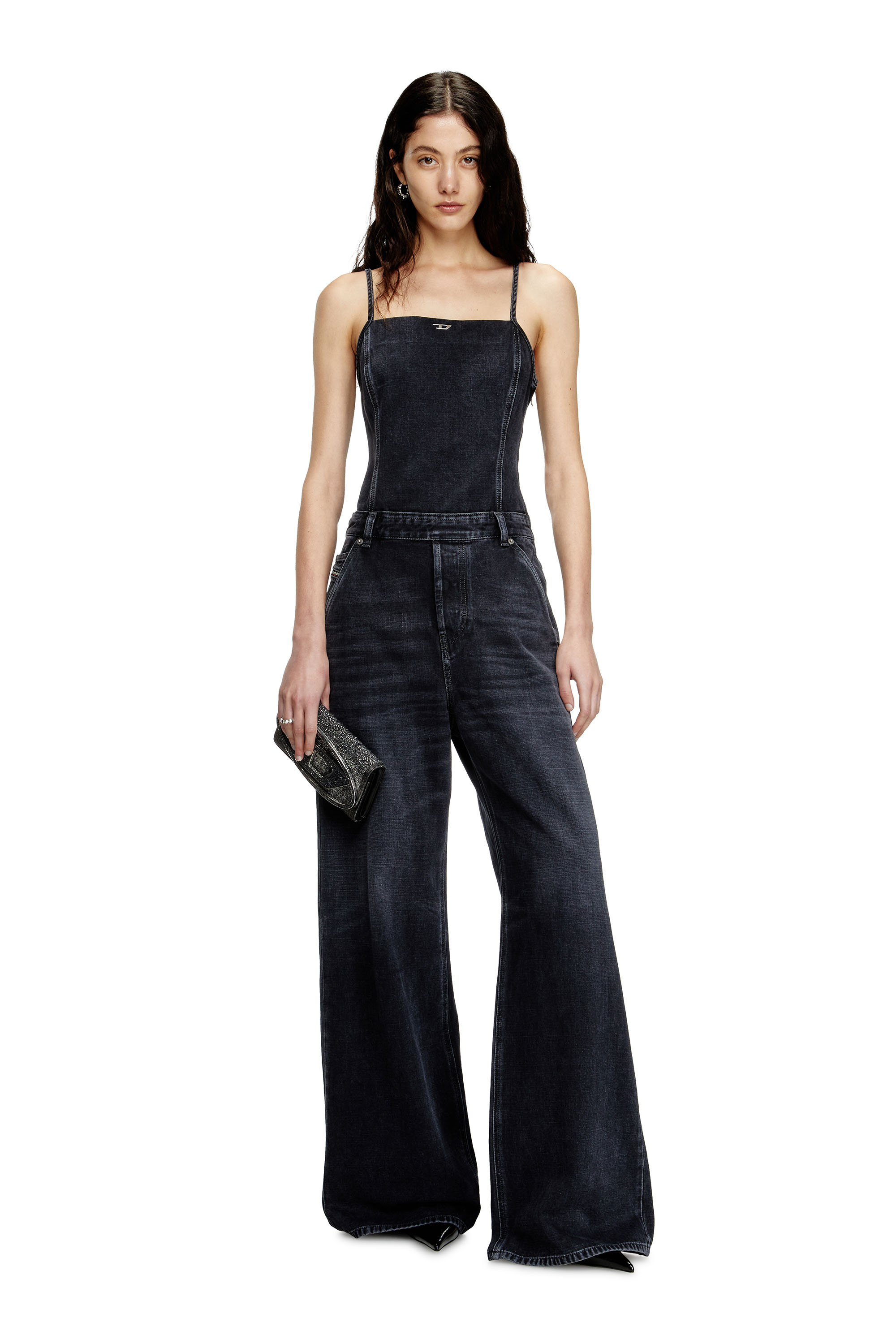 Diesel - DE-VORS, Woman's Strappy jumpsuit in batavia-weave denim in Black/Dark grey - 2