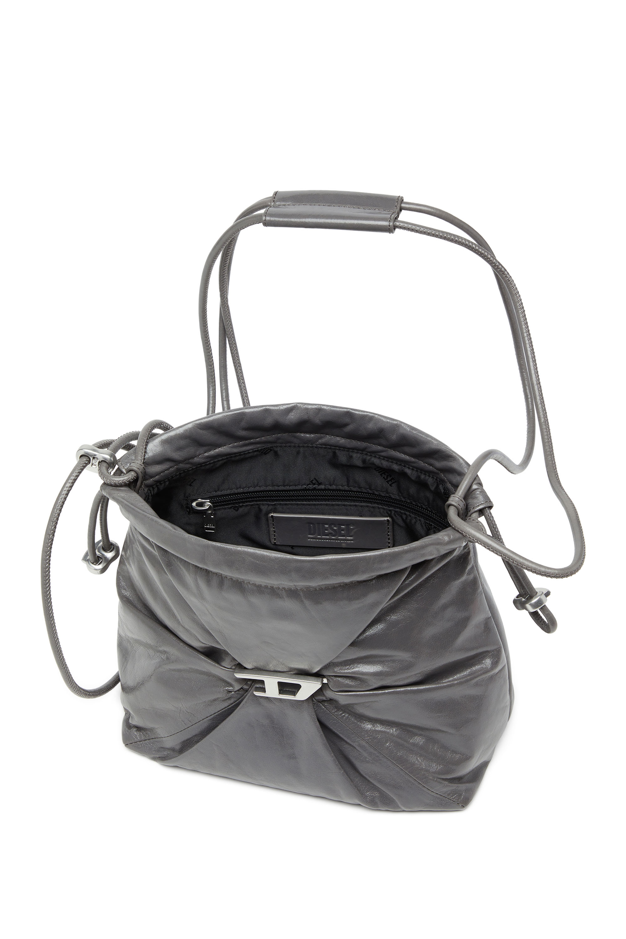 Diesel - SCRUNCH-D BUCKET, Woman's Bucket bag in shiny wrinkled leather in Grey - 5