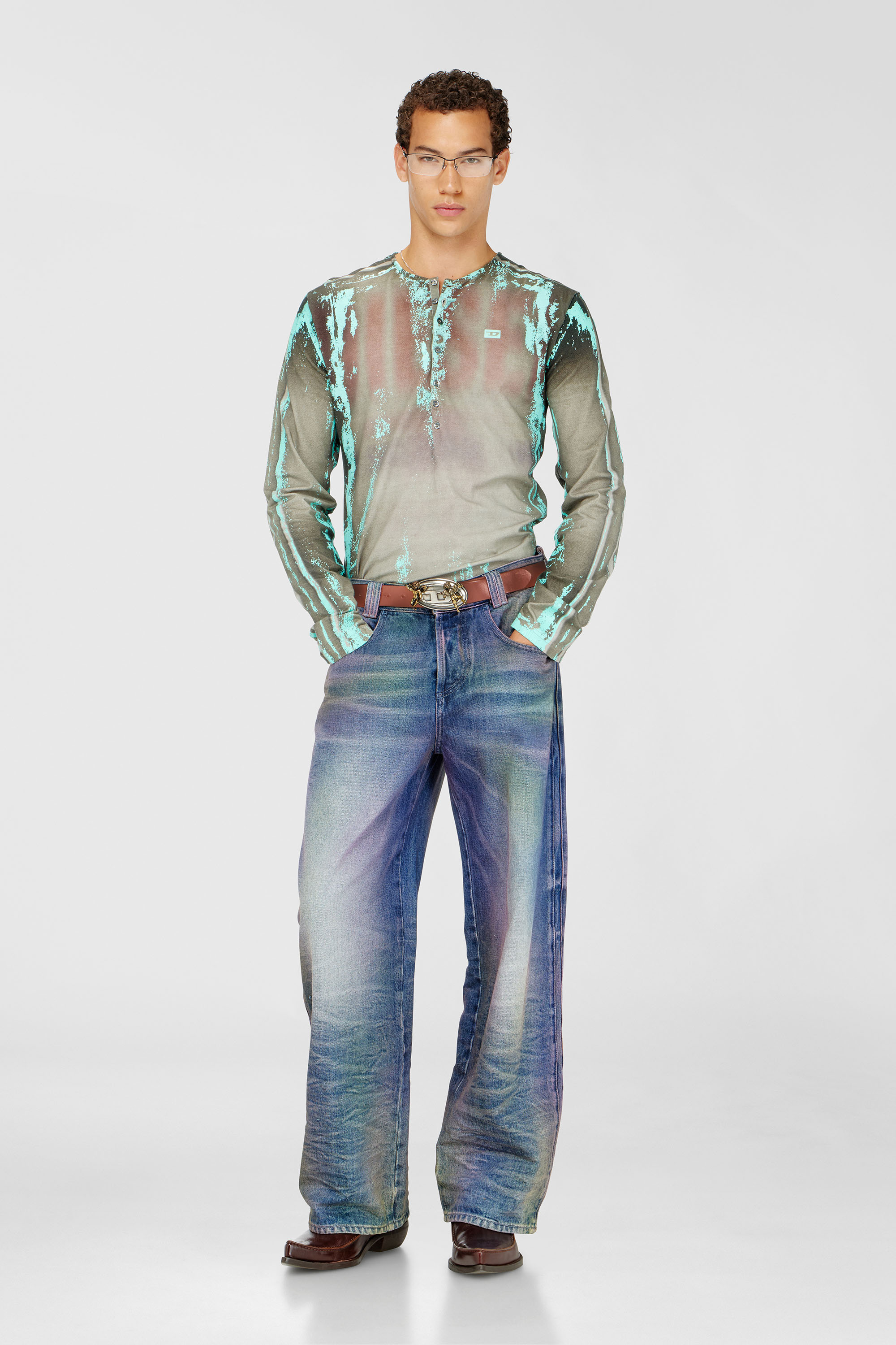 Grandad T-shirt in cracked leather-effect jersey