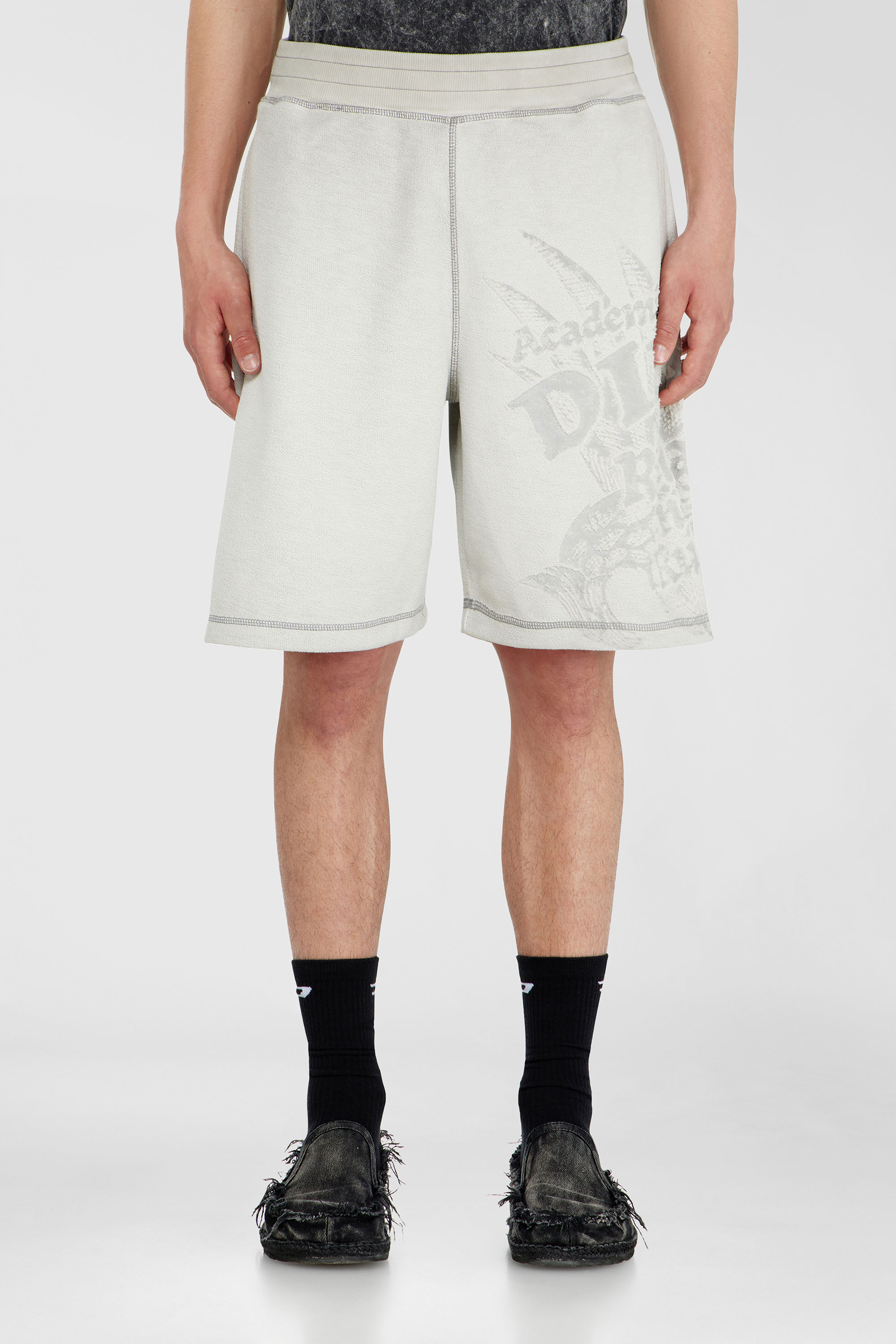 Diesel - P-RAWCROW, Man's Sweatshorts with d&eacute;vor&eacute; motifs in Light Grey - 3