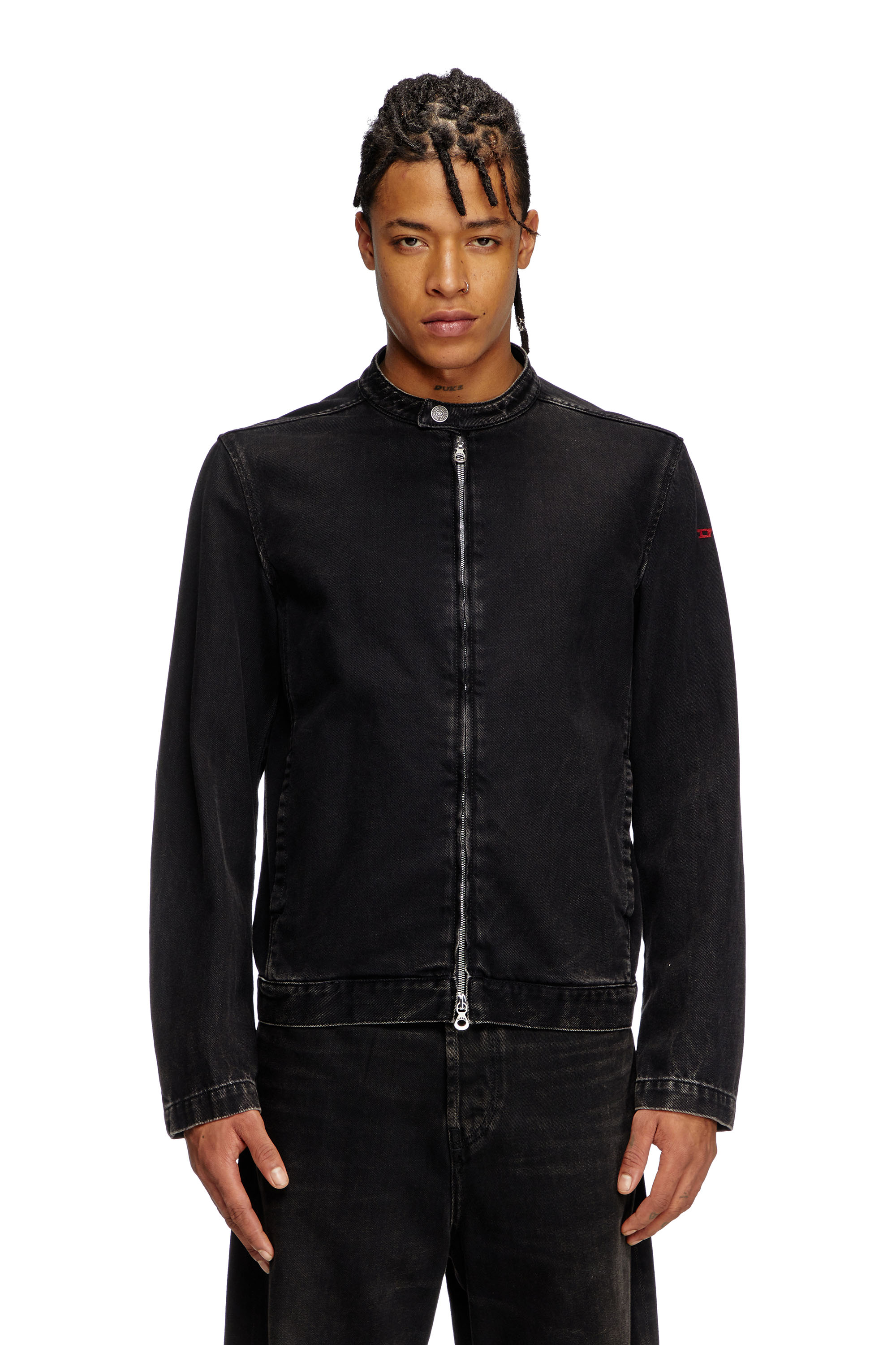 Diesel - D-GLORY, Man's Moto jacket in clean-wash denim in Black - 1