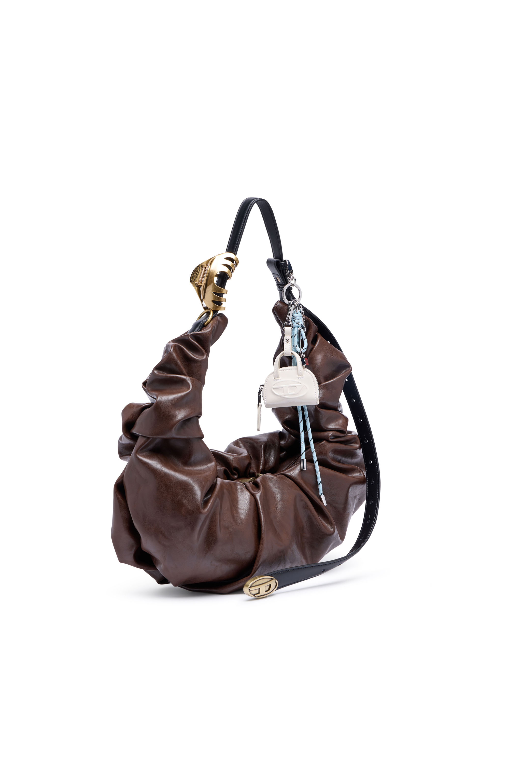 Diesel - GRAB-D HOBO L, Woman's Grab-D L-Large scrunched hobo bag in shiny PU in Brown - 2