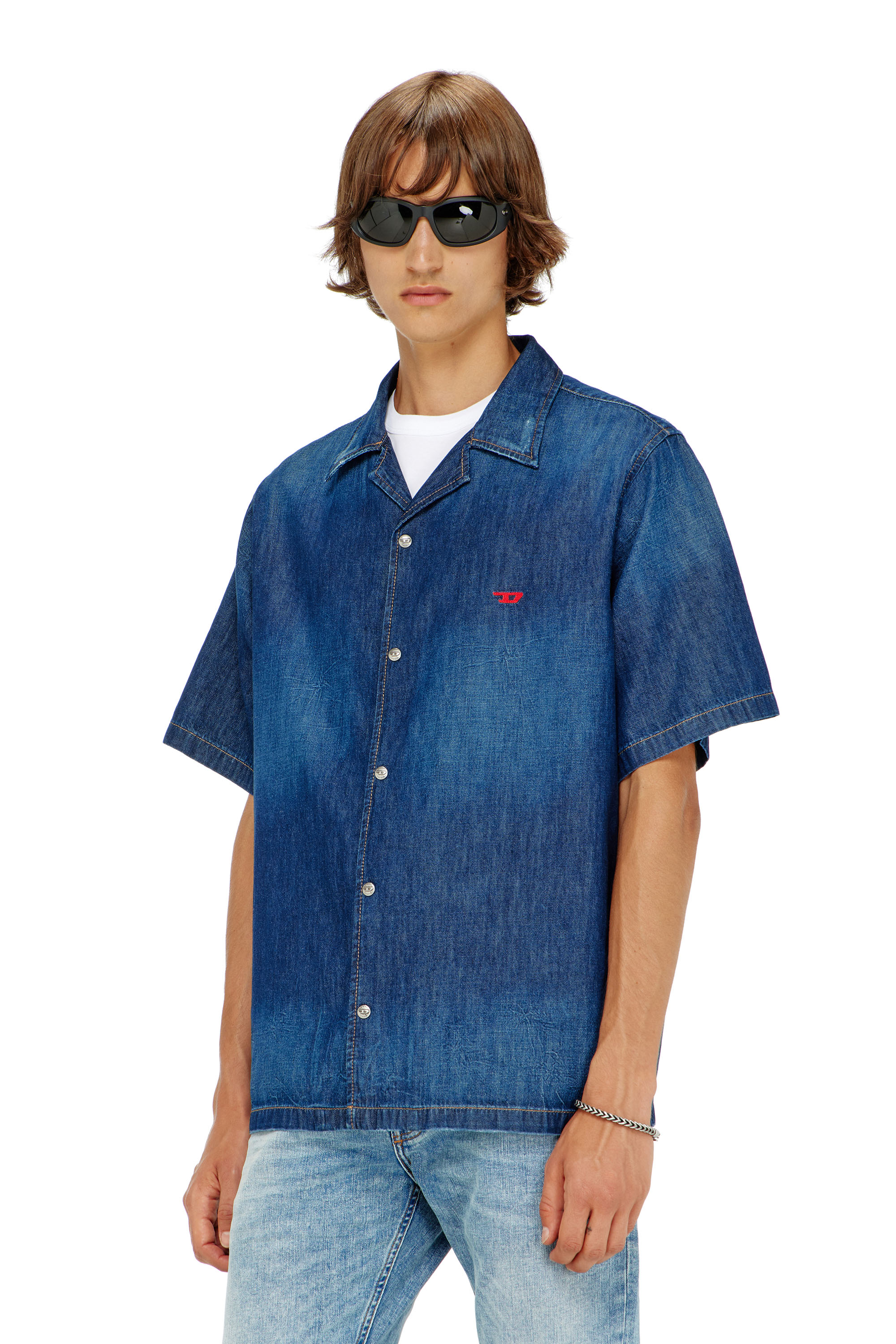 Diesel - D-NABIL-D, Man's Denim short-sleeve shirt in Medium blue - 3