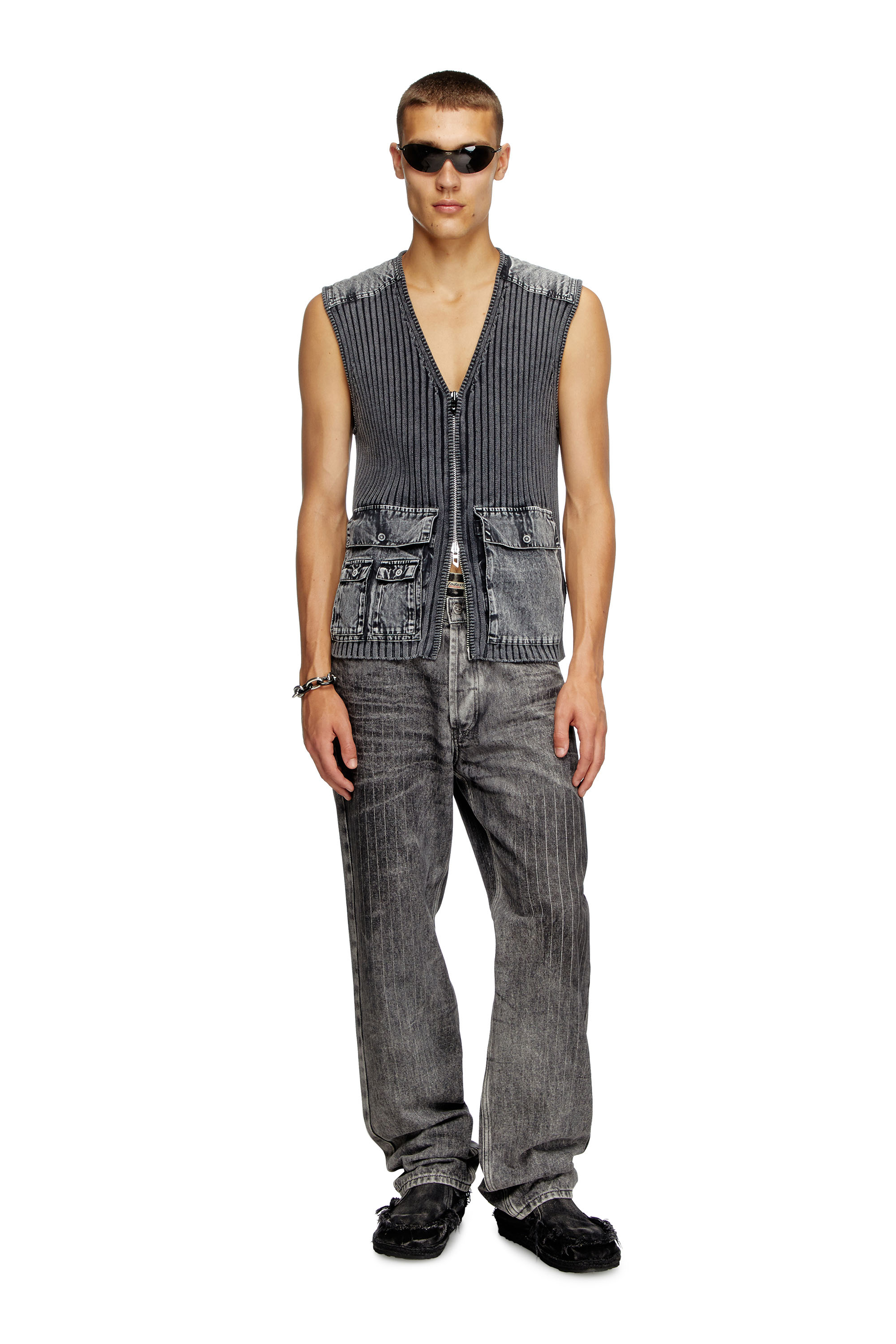 Diesel - K-MARGIE, Man's Utility vest in ribbed knit and denim in Dark grey - 2