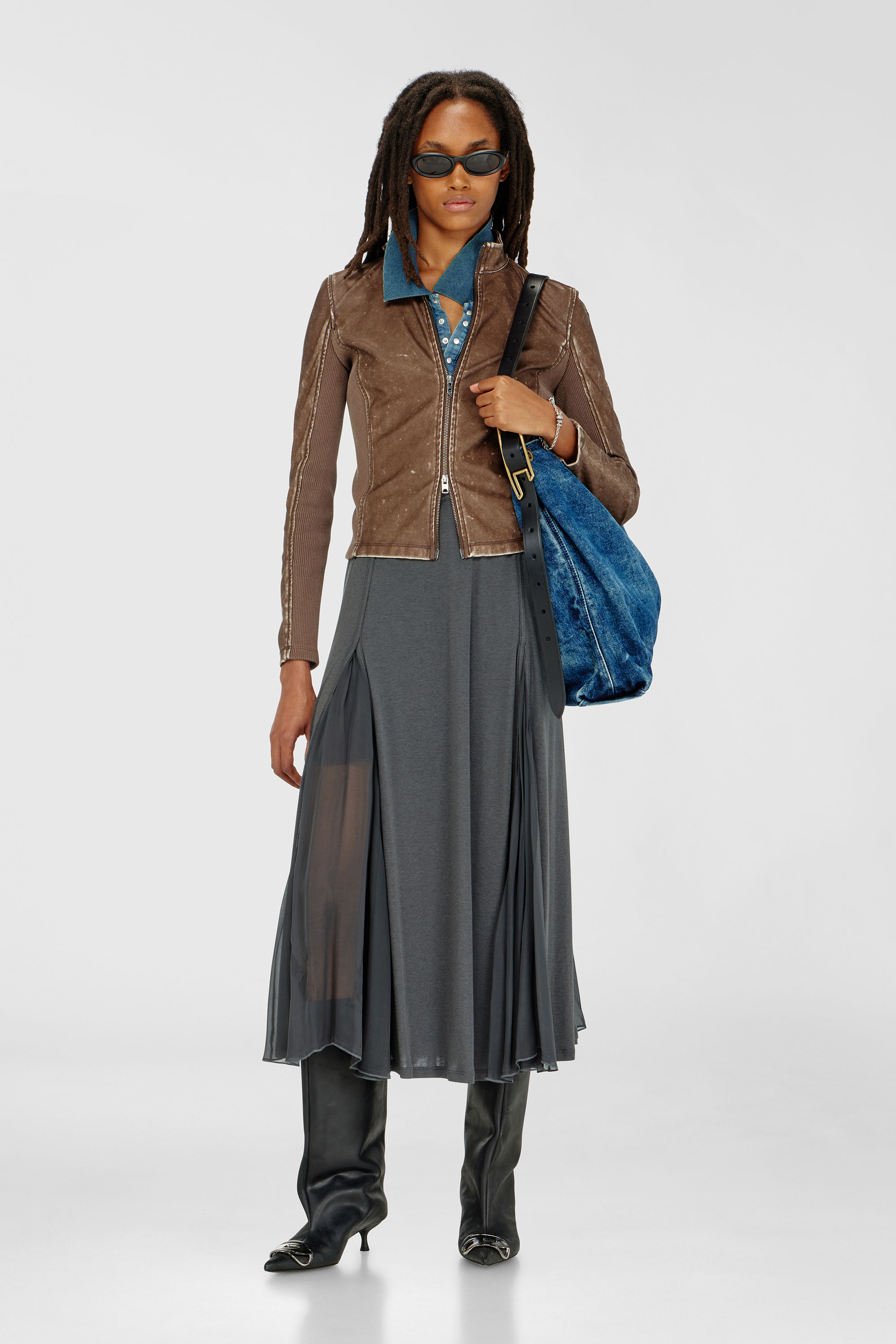 Midi skirt in ribbed jersey and chiffon