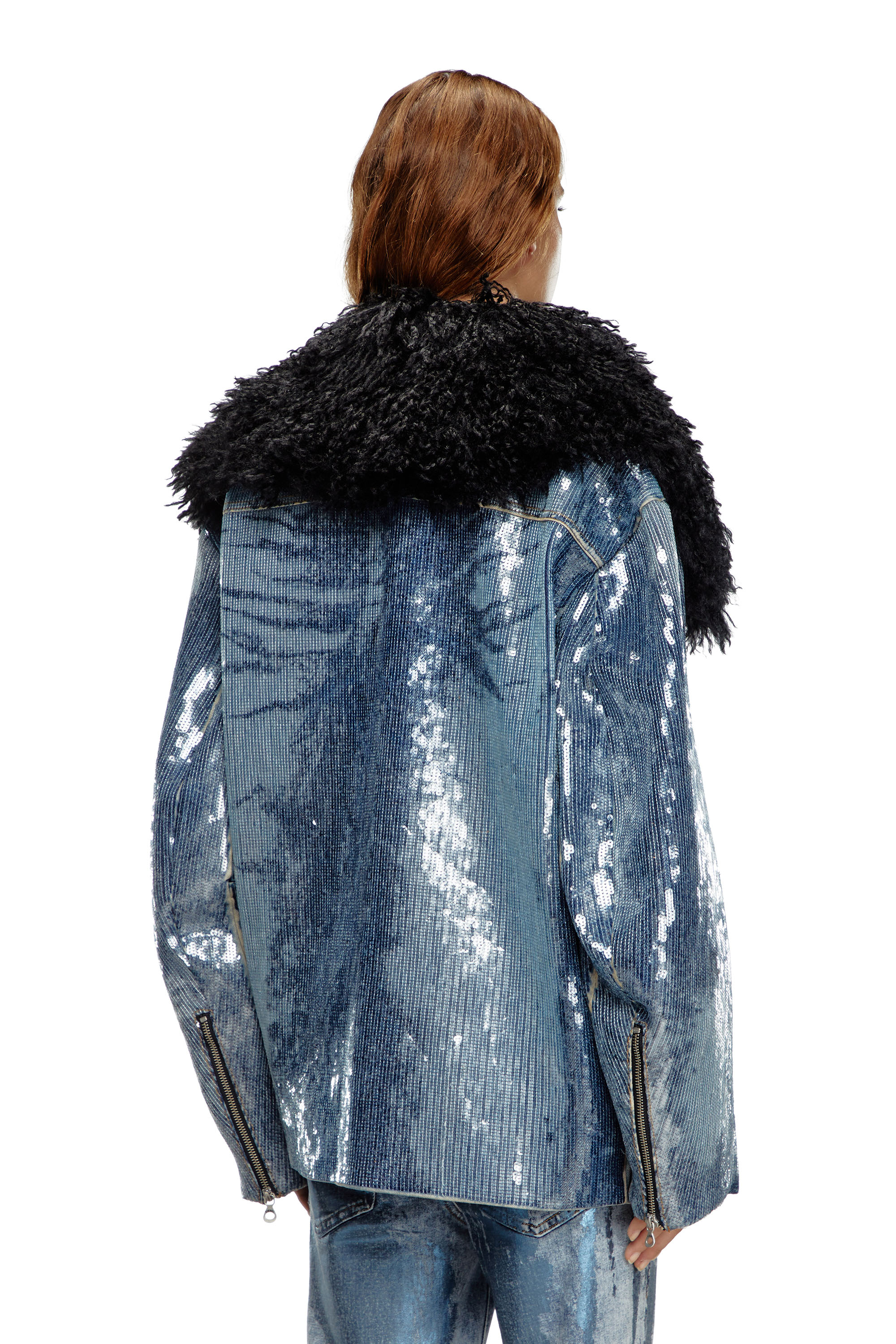 Diesel - DE-BIKA-S, Woman's Sequin denim jacket with shaggy collar in Medium blue - 3