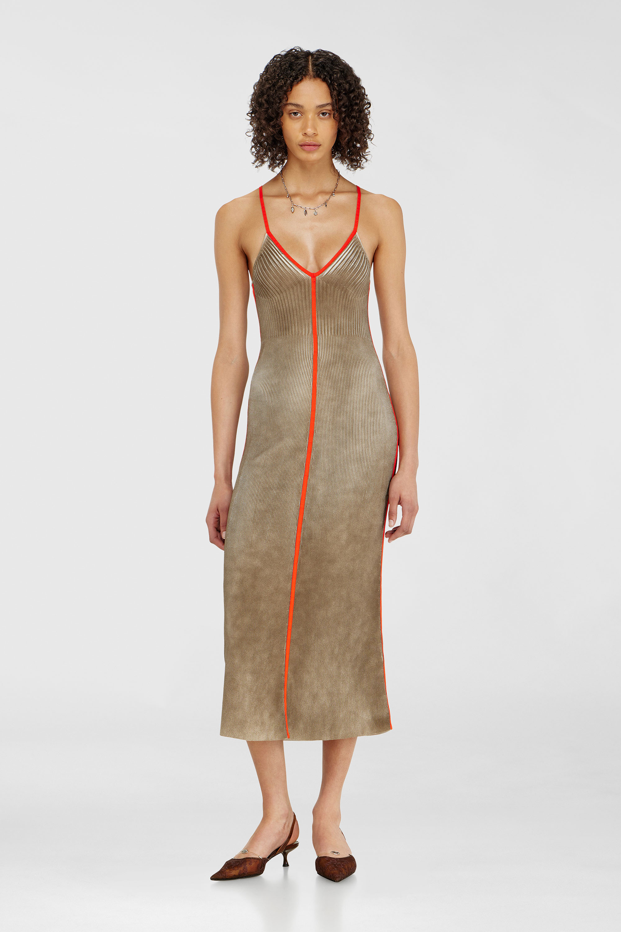 Diesel - M-SARMELA, Woman's Rib-knit midi cami dress with contrast bands in Red/Brown - 3