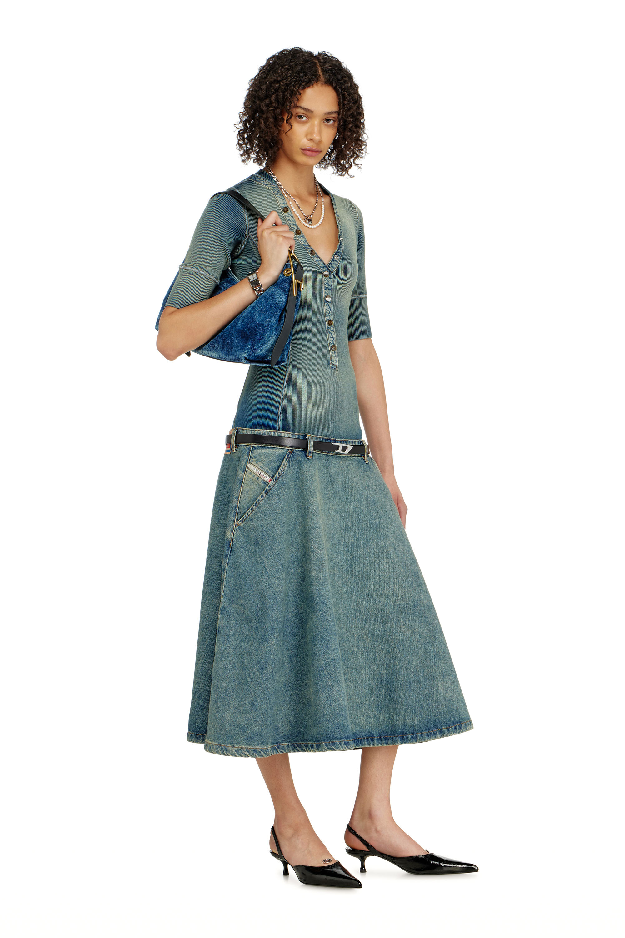 Diesel - DE-ANIM-S, Woman's Drop-waist midi dress in knit and denim in null - 2