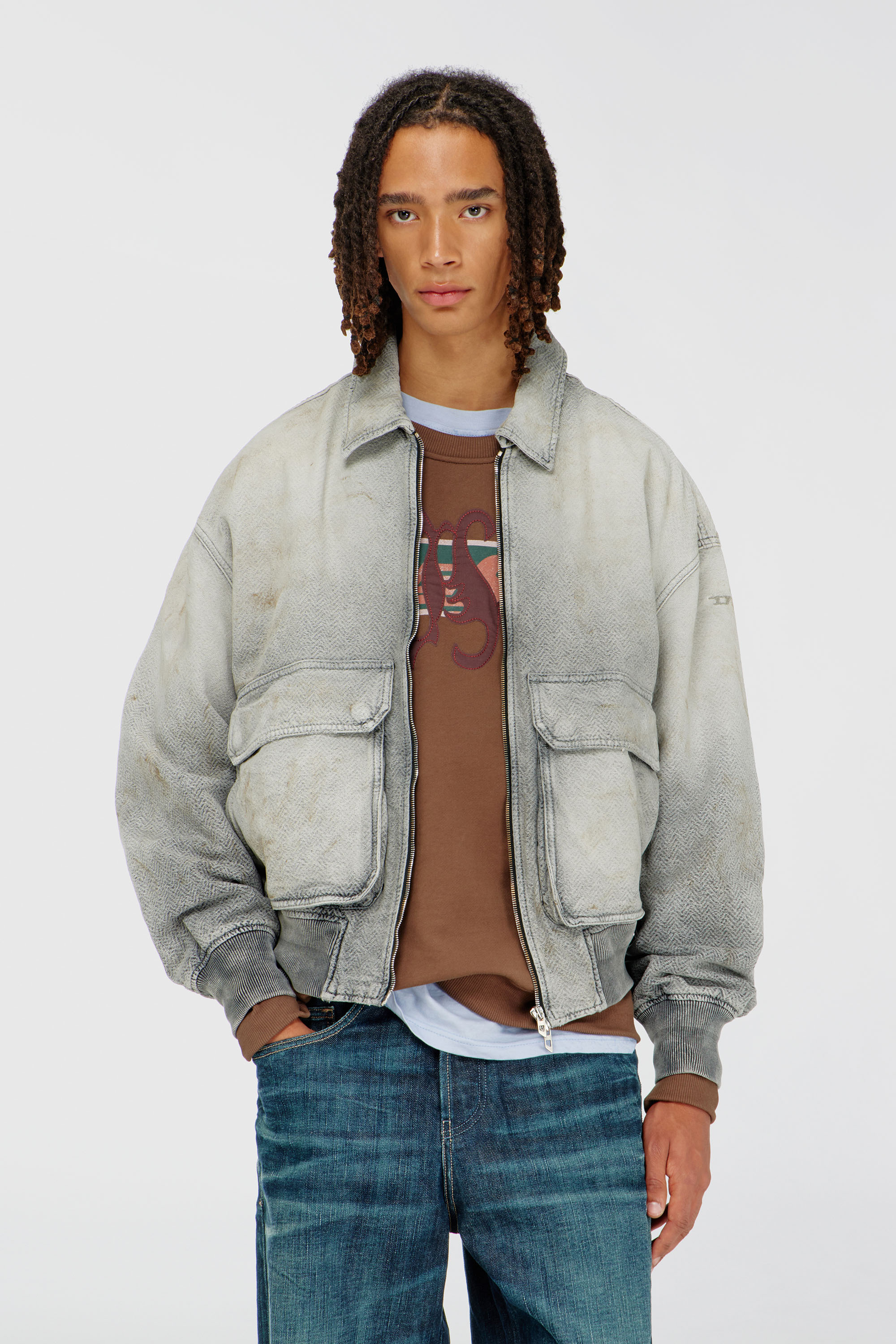Diesel - D-KURZ, Unisex's Jacket in distressed herringbone denim in Light Grey - 3