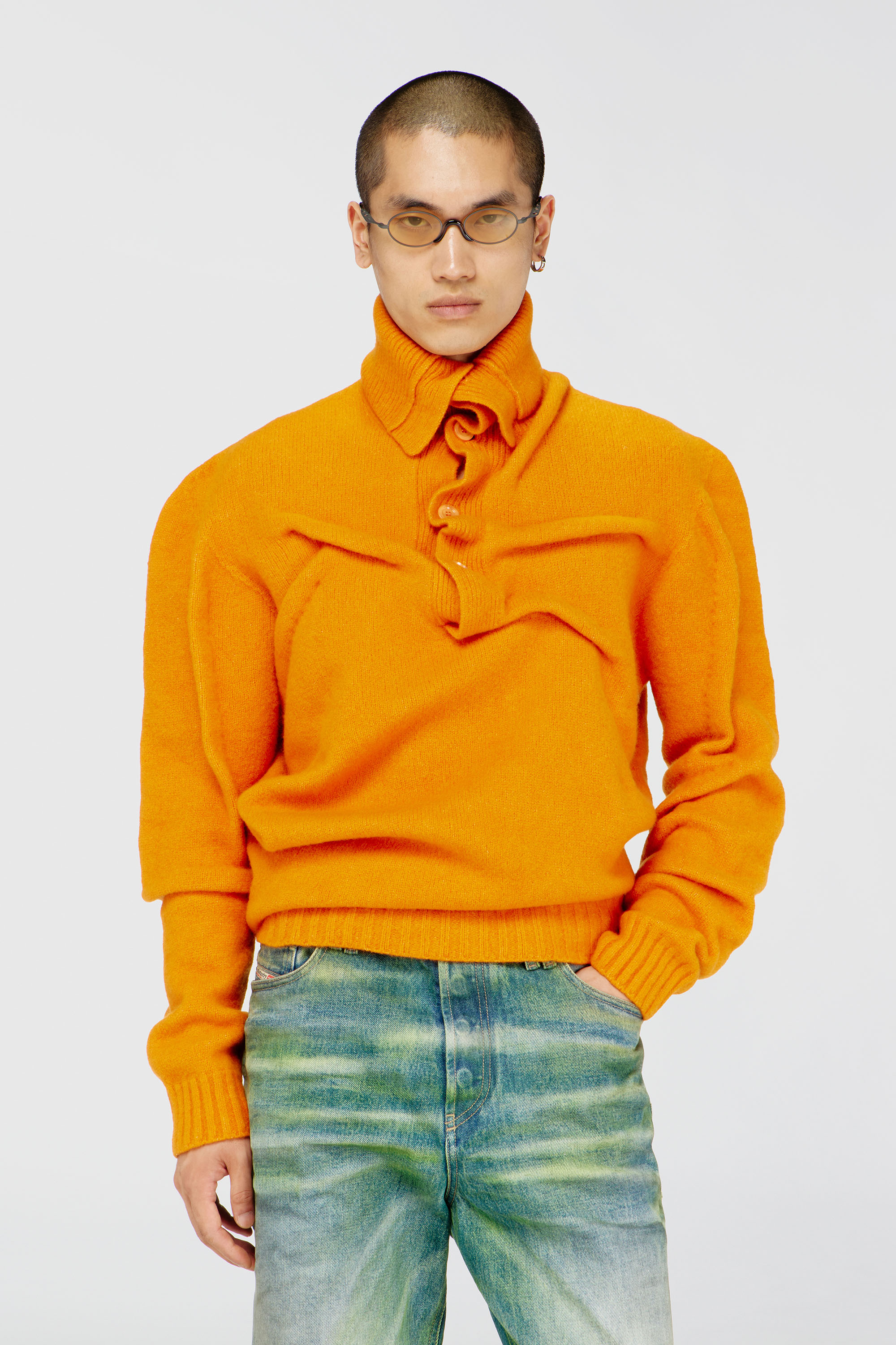 Diesel - K-ANDREW, Man's Button-neck jumper in wrinkled boiled knit in Orange - 3