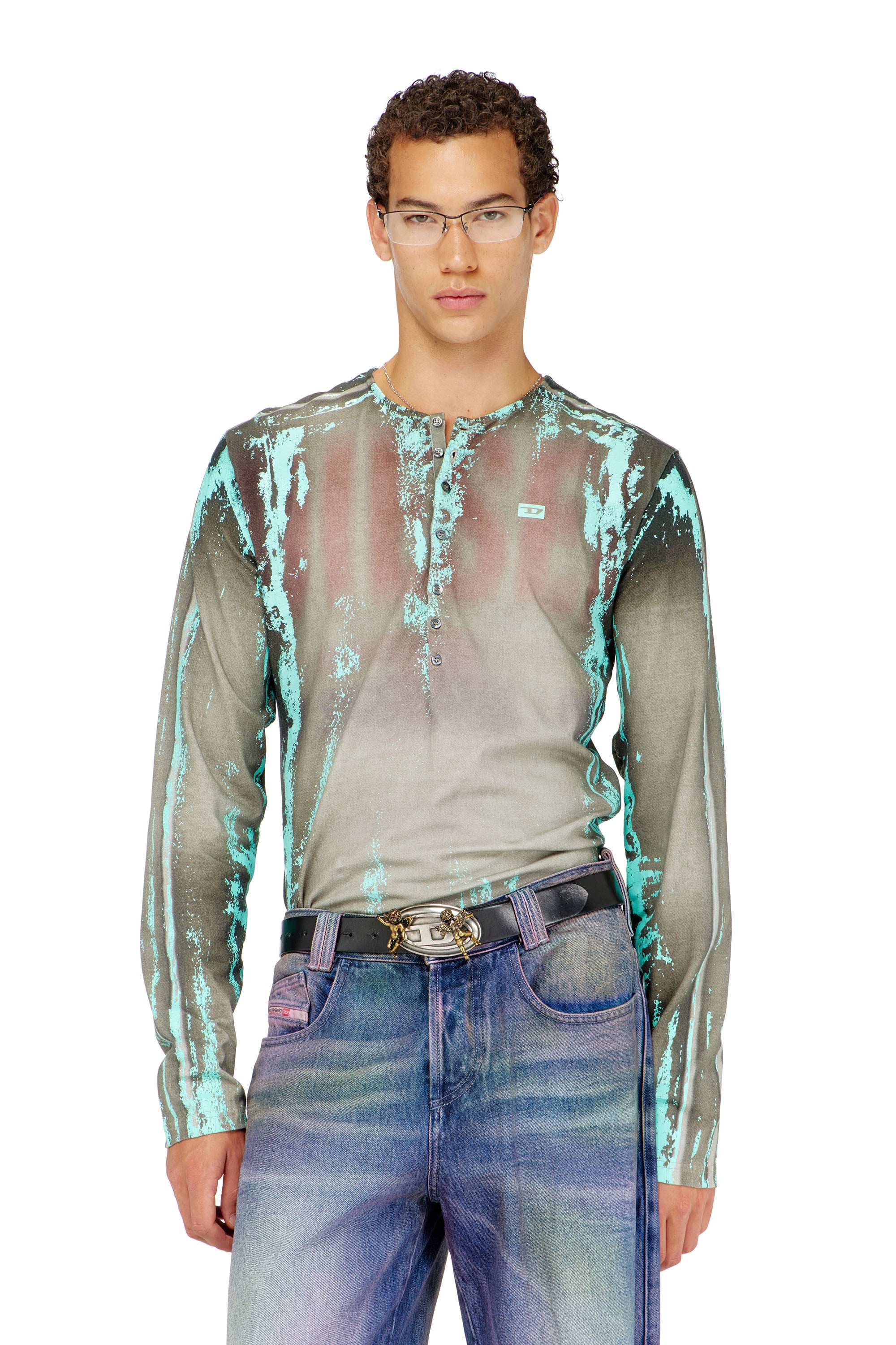 Diesel - T-FYNO-ML, Man's Grandad T-shirt in cracked leather-effect jersey in null - 1