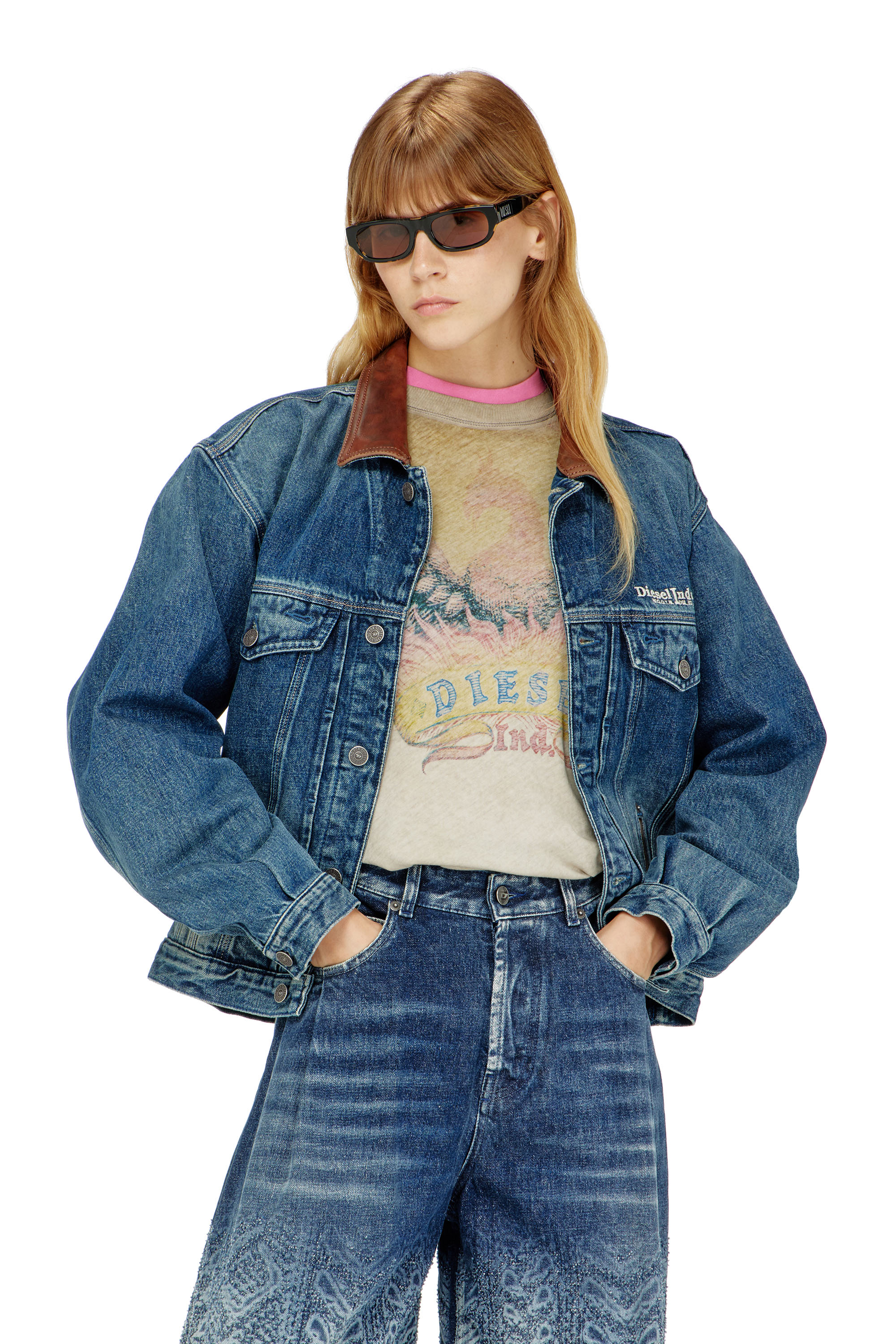 Diesel - D-DENVER-S1, Unisex's Denim trucker jacket with contrast leather trims in Blue - 3