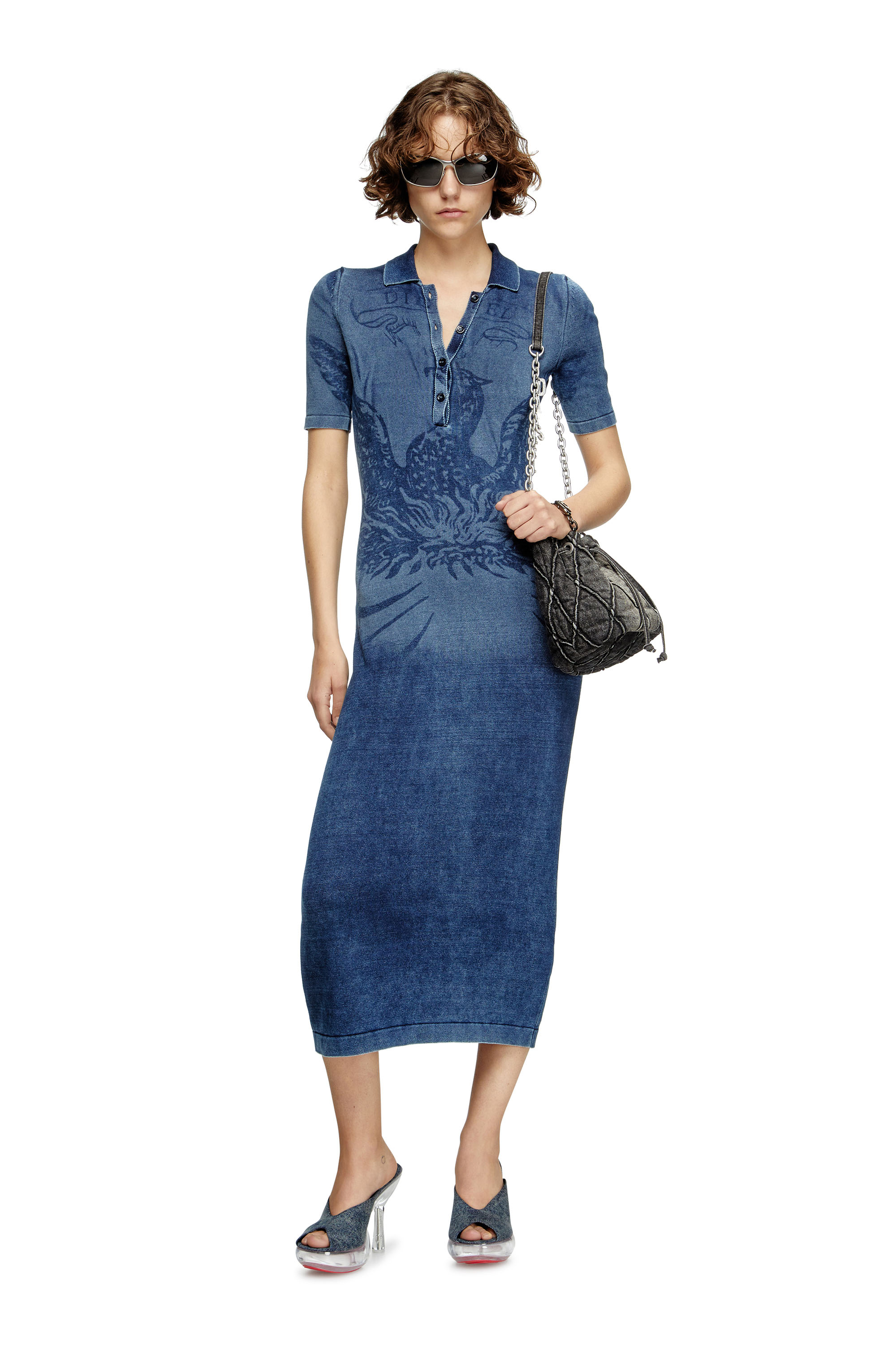 Diesel - M-FENNY-DRS, Woman's Polo midi dress in denim-effect knit in Medium blue - 1
