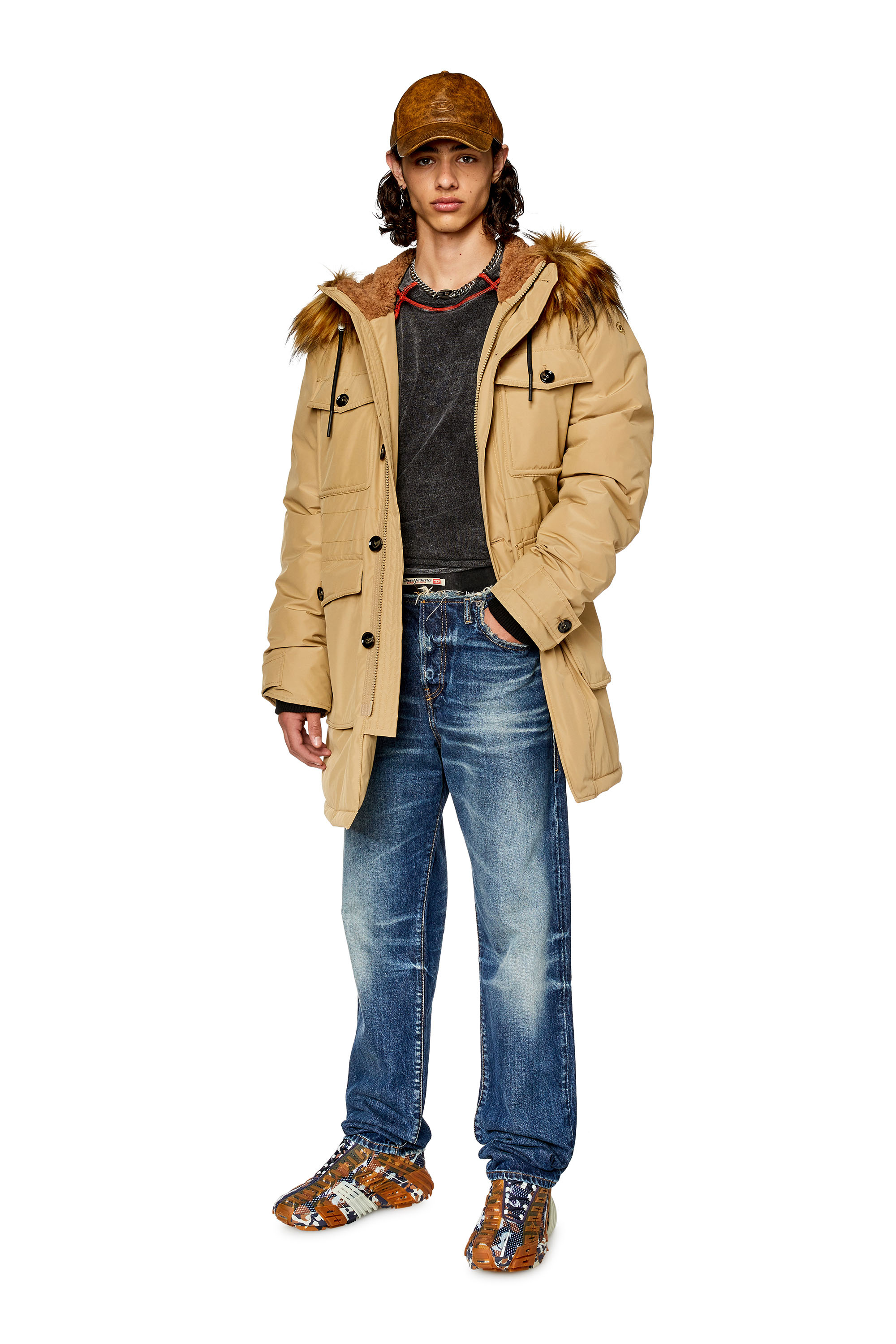 Diesel - W-JORGY, Man's Padded parka with fluffy trim at hood in Light Brown - 1